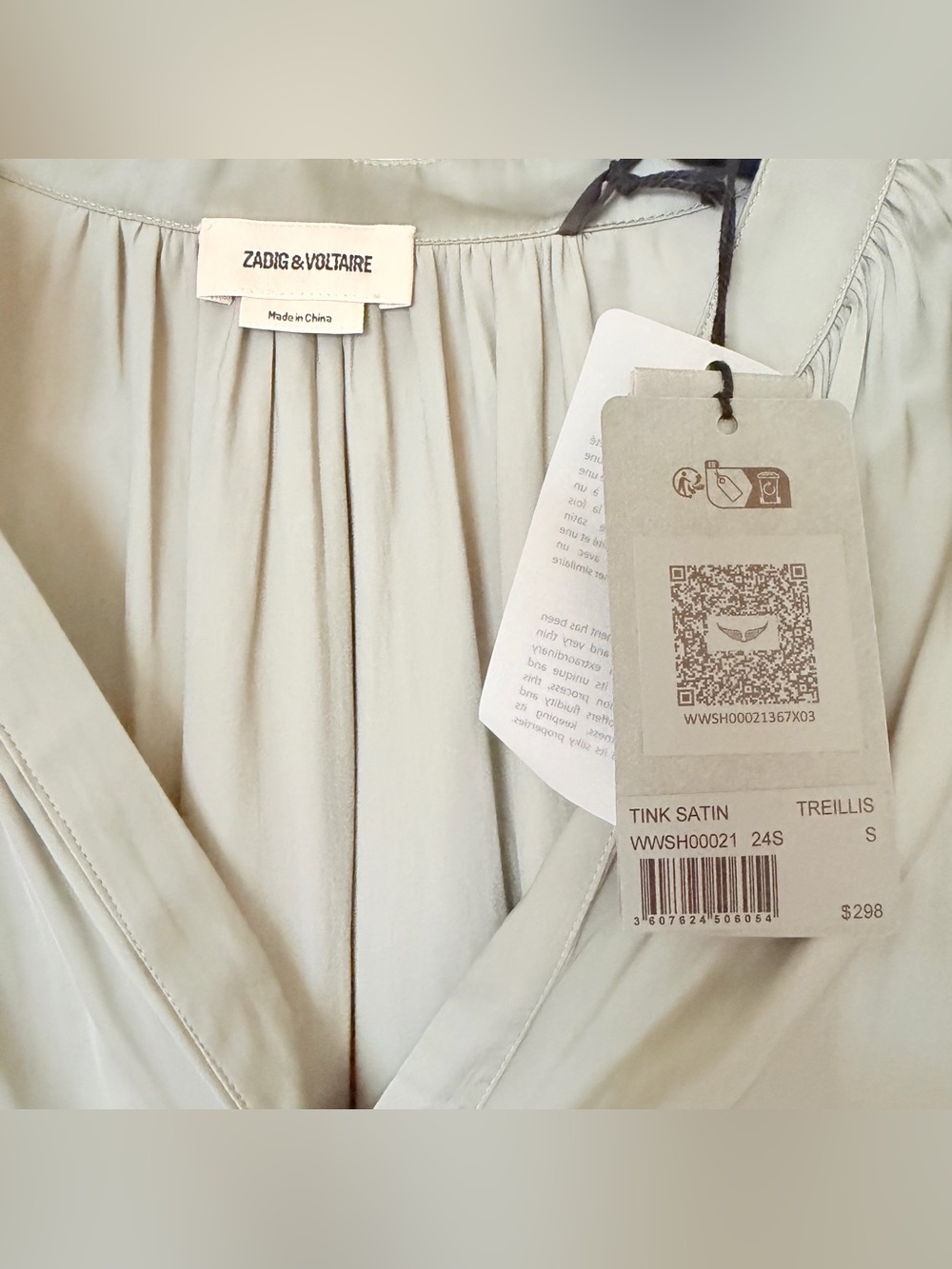 Zadig & Voltaire Tink Satin Sage Green V-Neck Long-Sleeve top - Picture 2 of 4